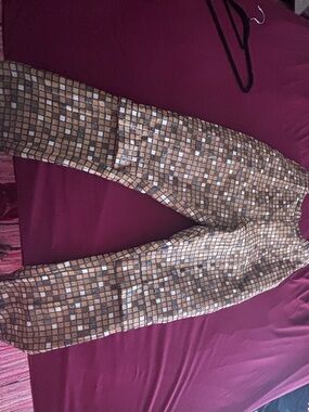 Geometric handmade West African Mosaic Print Straight Leg Pants - Brown & Cream